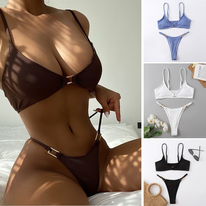 Azure Ribbed Bikini Set — lifestyle shot — Opale & Co. women's bikini swimwear